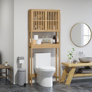Mobile da bagno in bambù naturale sopra la toilette con porte a doghe e ripiano regolabile sopra il water - Product Image 2