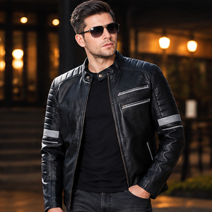 Blouson moto homme en cuir véritable noir, coupe ajustée, col rabattable, fermeture éclair, finition rouge, style automne - Product Image 6