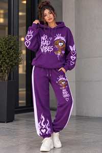 Conjunto Deportivo Morado con Capucha para Mujer, Manga Larga, Cierre con Cordón, Corte Holgado, Estampado de Puntos, Bolsillos Laterales, Ropa Casual de Otoño - Product Image 4