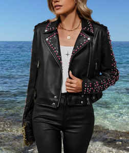 Women's Genuine Leather Moto <b>Jacket</b> With <b>Rhinestone</b> Rivet Decoration Turn-Down Collar Full Sleeve Autumn Style Premium leather - Product Image 6