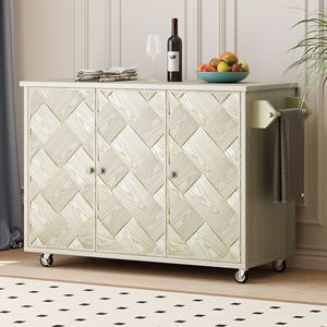 Carrello da Cucina in Legno Massello da 130 cm con Isola, Impiallacciatura in Frassino, Piano Ribaltabile Intrecciato a Mano, Stile Costiero, Vano Portaoggetti Interno e Ruote - Product Image 1