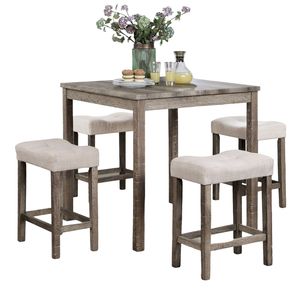 Transitional 5pc Counter Height <b>Dining</b> Set Gray HT <b>Table</b> with 4 Linen-Beige Cushion Seat <b>Stools</b> for Your <b>Dining</b> Room - Product Image 6