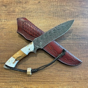 A&M Enterprises Handmade Damascus Steel Hunting <b>Knife</b> <b>Bone</b> and Wood <b>Handle</b> and Leather Sheath Survival Utility Camping <b>Knives</b> - Product Image 5