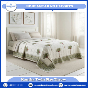 Hand Block Printed Cotton Twin Kantha <b>Throw</b> 150x220 cm Hand Embroidered Handmade Indian Quilt Bedspread Traditional Home Bedding - Product Image 2