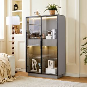 Vetrina Moderna Alta 154 cm con Porta in Vetro Temperato e Illuminazione LED, 2 Cassetti per Arredamento Soggiorno - Product Image 1