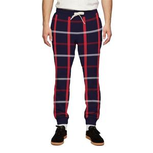 Pantalon de jogging décontracté à carreaux pour homme, taille élastique avec cordon de serrage, rayures rouges, bleu marine et grises, en polyester respirant de poids moyen, idéal pour l'automne - Product Image 1