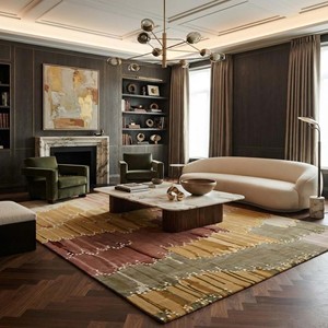 Tapis contemporain abstrait motif moutarde terre cuite beige, tapis de designer de luxe pour salon, chambre à coucher, décoration intérieure, tapis d'appoint - Product Image 1