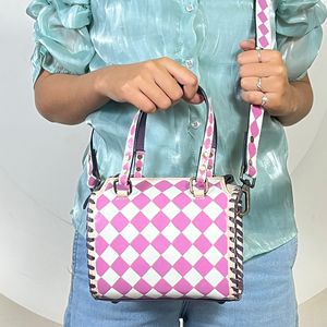 Ladies Fashion Checkerboard Design Mini Speedy Duffel Bag Crossbody Adjustable Strap Handcarry Outdoor Weekender Travel HandBags - Product Image 4