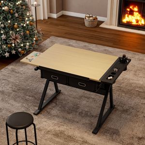 Tavolo da Disegno e Progettazione Regolabile in Acero con 2 Cassetti per Casa, Ufficio e Scuola, Include Sgabello - Product Image 3