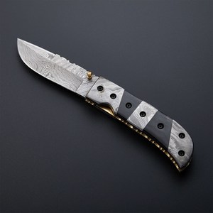 Couteau de poche Damas haut de gamme, couteau pliant avec manche en métal et G10, couteau pliant de luxe, lame Damas avec étui en cuir - Product Image 1