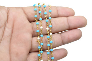 Sky Blue Crystal Beaded Chain <b>Black</b> Wire <b>Wrapped</b> Rosary Style Handmade Jewelry Supply - Product Image 2