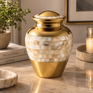 Urna de Metal con Diseño Floral Botánico, Acabado Verde Esmeralda y Dorado, Florero Decorativo Conmemorativo con Tapa - Product Image 4