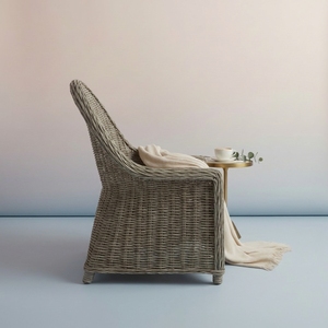 Handwoven Scandinavian Linen Upholstered Rattan <b>Dining</b> Chair Elegant Outdoor Wicker <b>Armchair</b> High Back Accent Cafe Garden - Product Image 2