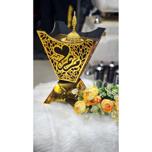 Luxury Modern Arabic Bakhoor Incense Burner Set Premium Wooden Oud Mabkhara With Gold Geometric Lattice Metal Cover Storage <b>Box</b> - Product Image 5