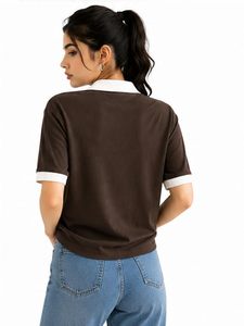 T-shirt polo contrasté pour femme, pull à manches courtes, mélange de coton, décontracté, à porter au quotidien - Product Image 2
