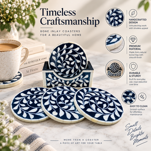 <b>Blue</b> Leaf Inlay Coaster Set with Holder for Tea Coffee Cups | Round Decorative Drink <b>Mats</b> for Dining <b>Table</b> Home Decor and Gifts - Product Image 5