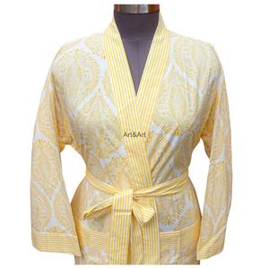 Yellow Floral Printed Cotton <b>Robe</b> <b>Women</b> Full Length V-Neck Long Sleeve Belt Casual Sleepwear Nonwoven Soft Machine Washable - Product Image 3