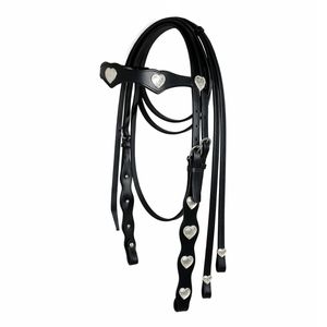 Têtière en cuir noir pour cheval avec conchos en forme de cœur argentés, pièce de bridon équestre réglable - Product Image 1