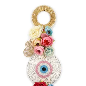 Décoration murale bohème en rotin avec motif floral, forme ronde, pompons, décoration intérieure pour salon - Product Image 6
