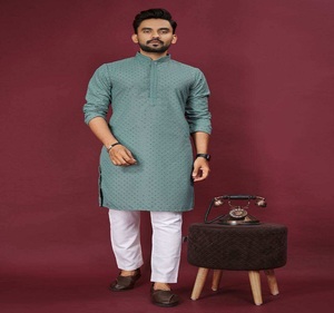Men ethnic <b>silk</b> <b>kurta</b> design with handcrafted Lucknow embroidery suitable for Diwali functions wedding events and gatherings - Product Image 4
