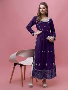 Kurti Largo de Georgette Azul Marino con Bordado, Estilo Holgado, Largo hasta el Tobillo, Ropa Casual Tradicional de la India y Pakistán - Product Image 4