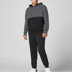 Survêtement à capuche pour homme, gris et noir, avec blocs de couleur, manches longues, coupe décontractée, polyester et coton, pour l'automne, avec poches latérales - Product Image 1