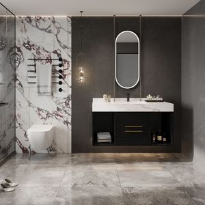 Mobile bagno sospeso da parete da 100 cm con 2 cassetti e 2 vani portaoggetti, lavabo in ceramica e mobiletto contenitore - Product Image 3