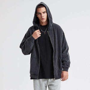 Sweat-shirt à capuche zippé noir épais 100 % coton délavé à l'acide, style vintage, entièrement personnalisable - Product Image 3
