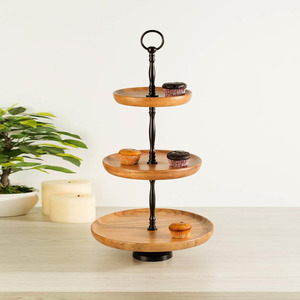 Three-<b>Tier</b> Wooden <b>Cake</b> Stand Featuring Natural Wood Grain Trays Black Metal Spindle Rod Convenient Ring Handle For Serving - Product Image 6