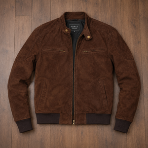 เสื้อแจ็คเก็ตบอมเบอร์ผู้ชาย Sven Mocha Suede ระบายอากาศได้ดี คอตั้ง ปิดด้วยซิป สไตล์วินเทจ ลำลอง ทรงปกติ สำหรับฤดูใบไม้ร่วง - Product Image 1