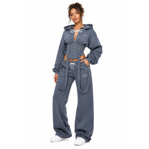 Conjunto Deportivo Casual Azul Mate para Mujer, Sudadera Corta con Cordón, Detalles de Corsé, Pantalones Oversize DTG, Ropa Urbana de Fábrica OEM - Product Image 1