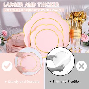 Ensemble de vaisselle jetable rose robuste de 180 pièces avec couverts dorés et argentés, vaisselle blanche et 30 décorations de table pour fêtes - Product Image 6