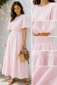 Robe longue décontractée d'été pour femme, moderne, respirante, en coton et lin rose, à manches bouffantes, à volants, style bohème, pour les vacances - Product Image 4