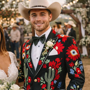 Blazer noir brodé de fleurs pour homme avec motif œil artistique – Veste de costume de créateur pour fêtes et mariages - Product Image 1