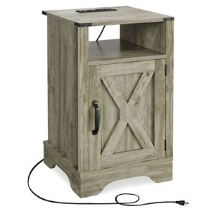 Light Grey Rustic Wooden Farmhouse Nightstand <b>Tall</b> Bedside <b>Table</b> with Electrical Outlets and Charging Station - Product Image 4