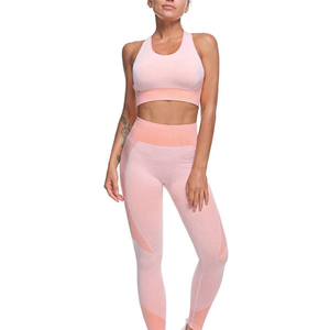 Pink Seamless Yoga Set Racerback <b>Crop</b> <b>Top</b> High Waist Full Length Leggings Breathable <b>Mesh</b> Ribbed Design - Product Image 1