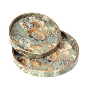 Plateau de service décoratif rond en bois émaillé à motif floral moderne, fait main, pour la maison, l'hôtel, les fêtes et les anniversaires - Product Image 2