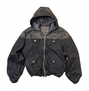 Custom Men's Hooded Leather Patchwork Bomber <b>Jacket</b> Black Canvas <b>Cropped</b> Streetwear Zip-Up OEM ODM Wholesale - Product Image 5