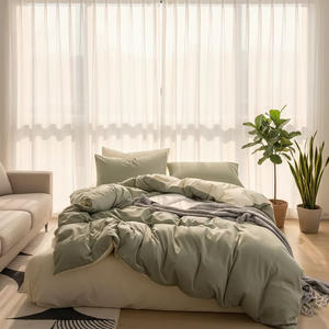 Juego de Edredón de 3 Piezas en Verde Salvia y Beige, Juego de Ropa de Cama Reversible de Algodón Moderno - Product Image 4