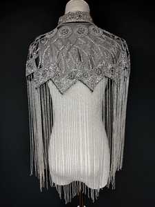 Capa Negra con Flecos Largos, Decoración de Cuentas Doradas y Cristales, Tela de Organza Transpirable para Mujer, Top Corto Tipo Chal para Dama, Gran Venta - Product Image 5