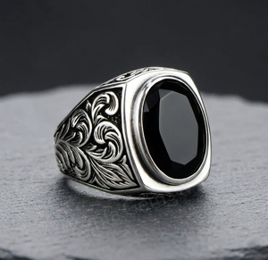 Men's 925 <b>Silver</b> <b>Silver</b> Signet Ring With 10x14mm Oval Black Onyx Gemstone Vintage Floral Pattern Bezel Setting For Everyday Wear - Product Image 1