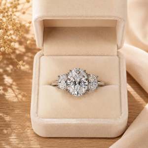 Good Quality Lab Grown Oval Cut Engagement Three Stone Platinum Stone Diamond Trilogy <b>Wedding</b> <b>Ring</b> Bridal Jewelry - Product Image 3
