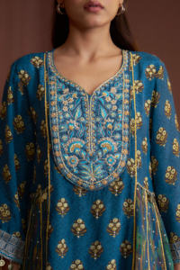 Conjunto de Kurta y Palazzo de crepé azul verdoso bordado con dupatta para mujer, ropa étnica disponible para compra al por mayor. - Product Image 5