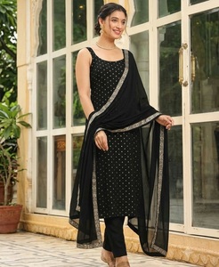 <b>Women</b> Black Sleeveless Cotton Foil Print <b>Kurta</b> Pant Dupatta Set Salwar Suit <b>for</b> Festive Party <b>for</b> <b>Women</b> Ethnic Fancy Wear - Product Image 1
