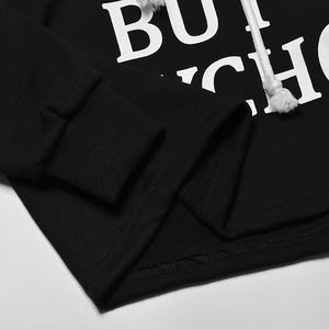 Sweat-shirt à capuche court noir pour femme avec imprimé lettres blanches, manches longues, style décontracté - Product Image 4