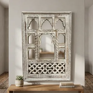Miroir mural en bois vintage, finition blanche vieillie, miroir rectangulaire décoratif à suspendre pour salon, entrée - Product Image 6