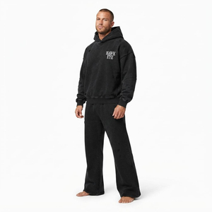 Conjunto Deportivo para Hombre, Corte Holgado, Lavado Ácido, Estilo Desgastado, Sudadera con Bolsillo Canguro y Pantalones Jogger de Pierna Ancha, Dos Piezas - Product Image 1