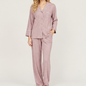 Women's Pink Long Sleeve Satin Pajama Set 100% <b>Silk</b> Full Length Classic Sleepwear with Button Front and Pocket Machine-Washable - Product Image 1