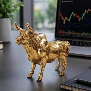 Figura de Toro Metálica con Acabado Dorado, Adorno para Escritorio de Oficina - Product Image 1