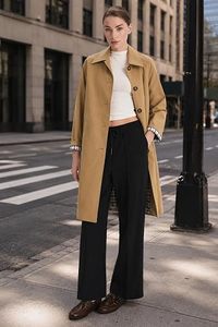 Manteau long élégant pour femme, couleur camel unie, manches longues, col à revers, fermeture boutonnée, vêtement d'extérieur pour l'automne - Product Image 5